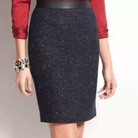 NEW Ann Taylor Wool Silk Blend Tweed Faux Leather Waist Band Knee Length Skirt 4 - Picture 1 of 4